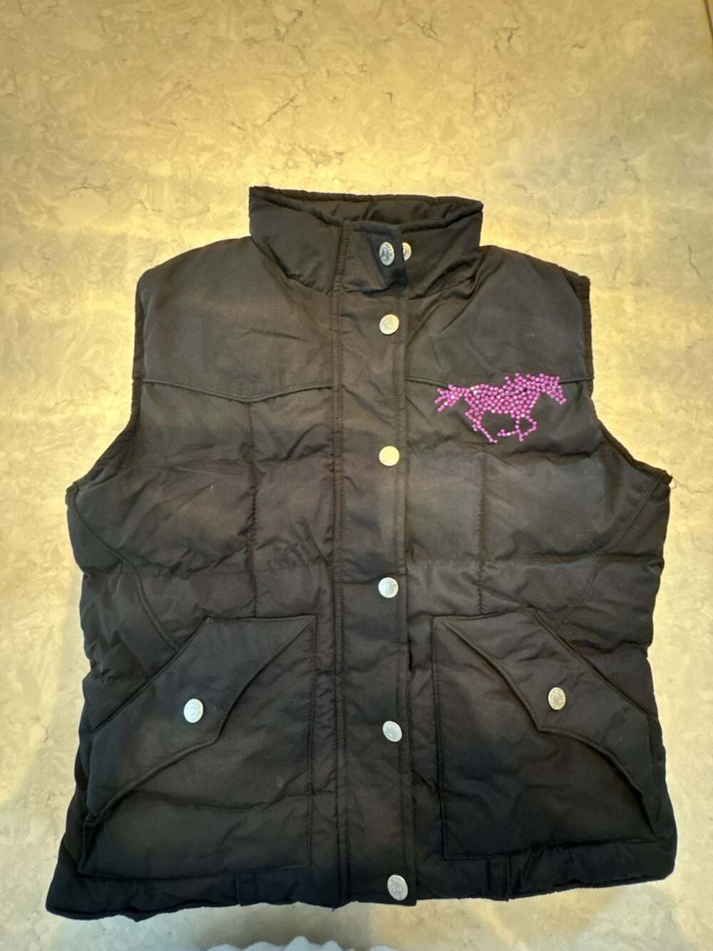 Cowgirl Hardware Puffer Vest Women Zip Black Large Embellished Cross Vest with P
